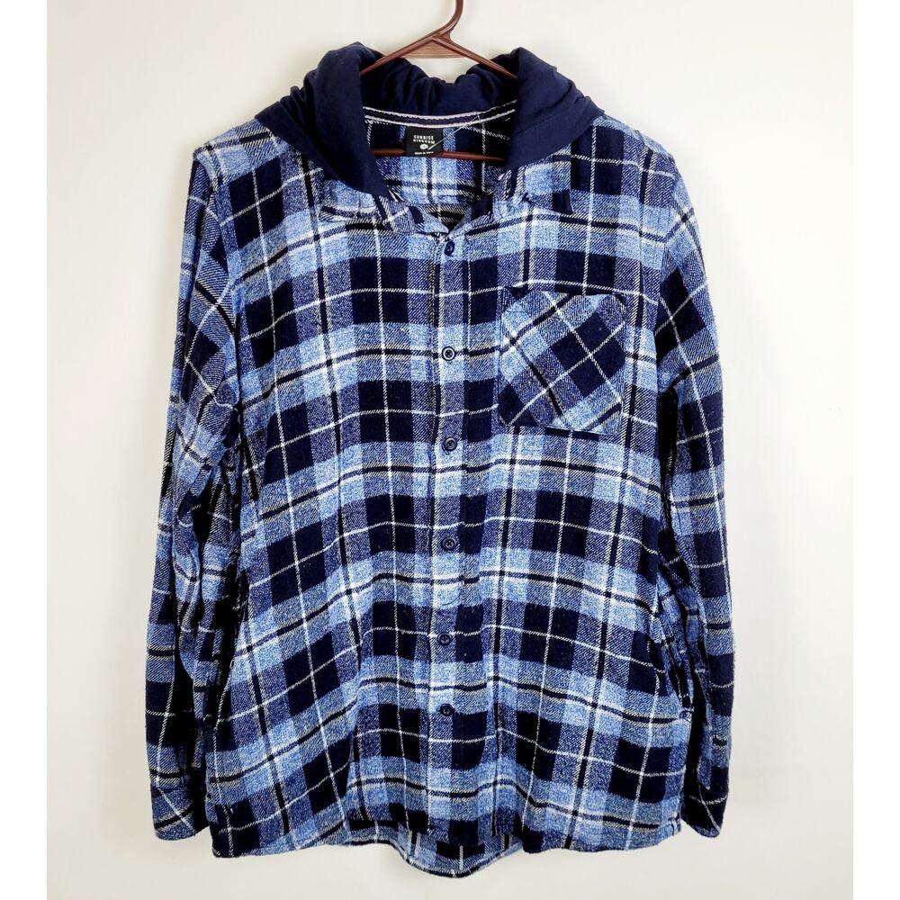 Sunrise Kingdom mens blue plaid hooded button up flannel shirt size small